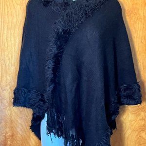 Black Knit Sweater Poncho with faux fur trim